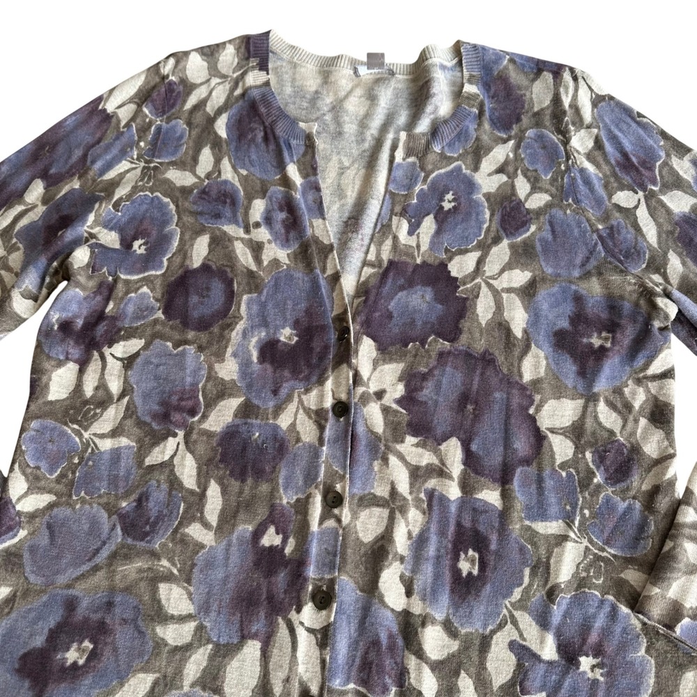 J. Jill Silk Cotton Cashmere Watercolor Floral Cardigan Sweater Large Petite